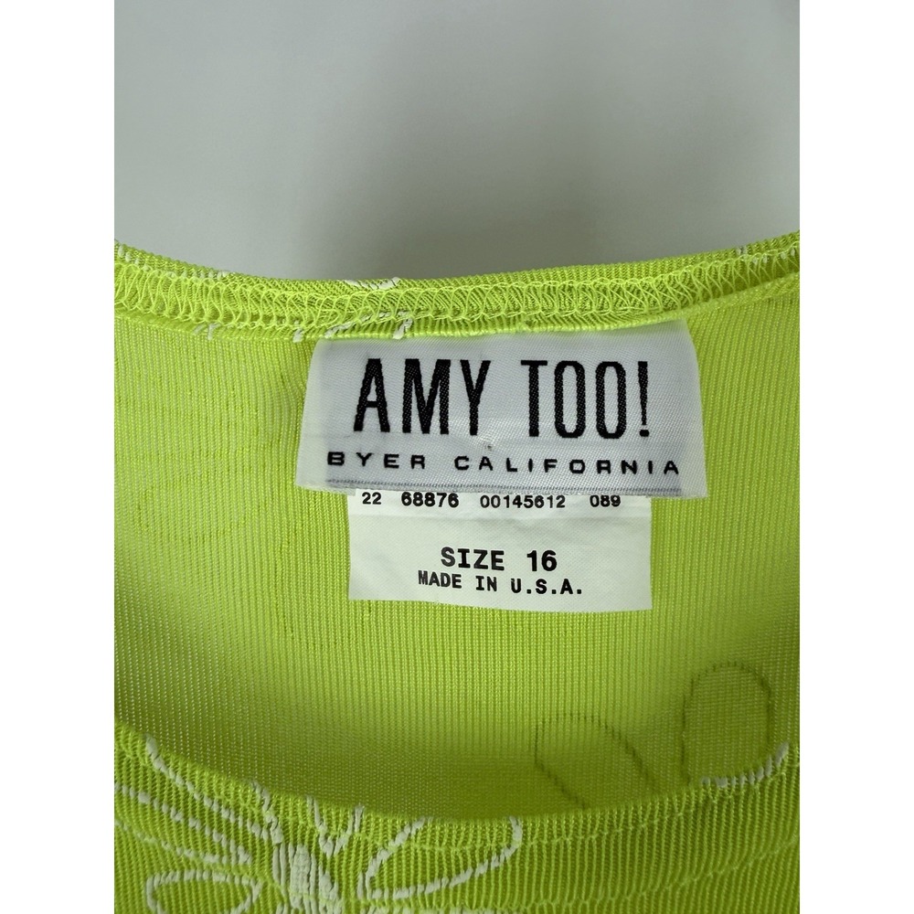 Y2K Amy Too Byer California Flower Power Lime Green Daisy Midi Dress USA 16 - Picture 4 of 6
